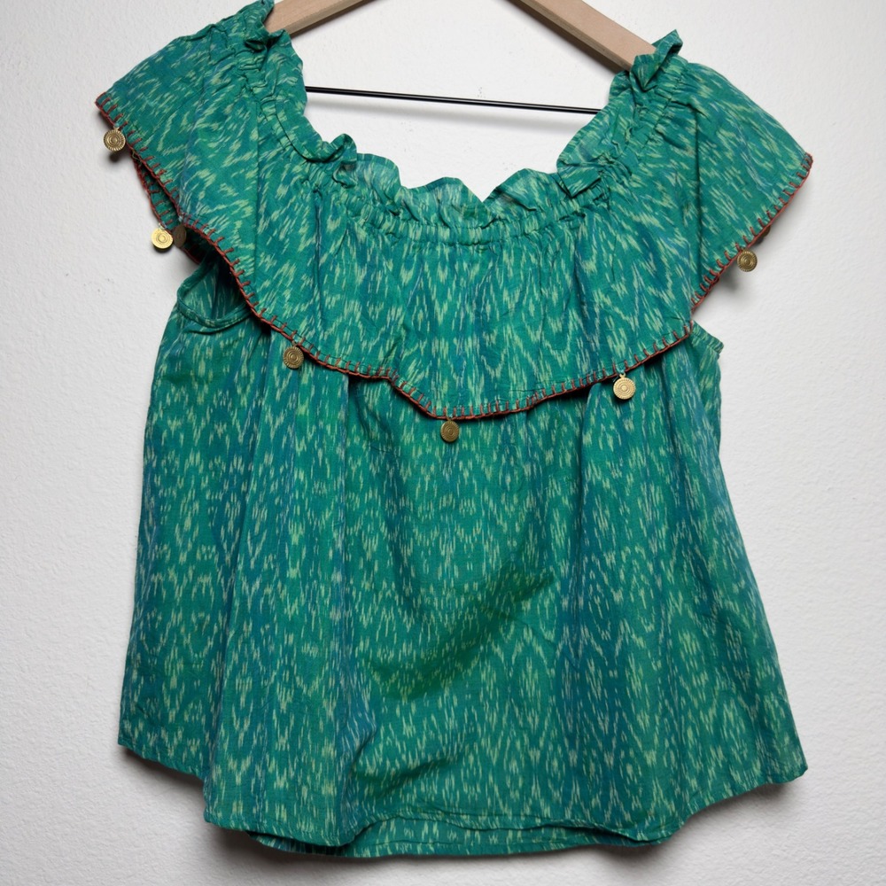 THML Women Preppy‎ Top Medium Green Ikat Off The Shoulder Ruffle Embellishment
